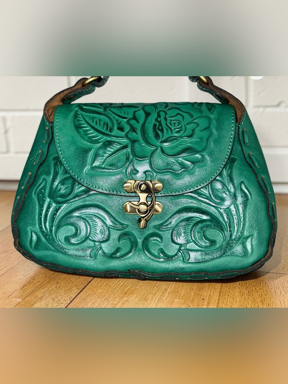 Patricia Nash Emerald Green Tooled Floral Leather Crossbody